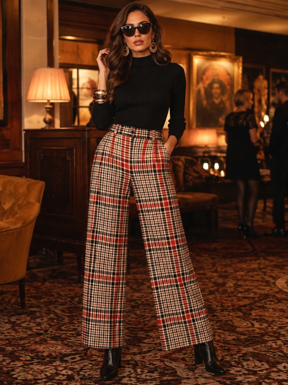 FREE PEOPLE Plaid Wide Leg Pants 28W 31L High Rise Retro 70s, Size 6